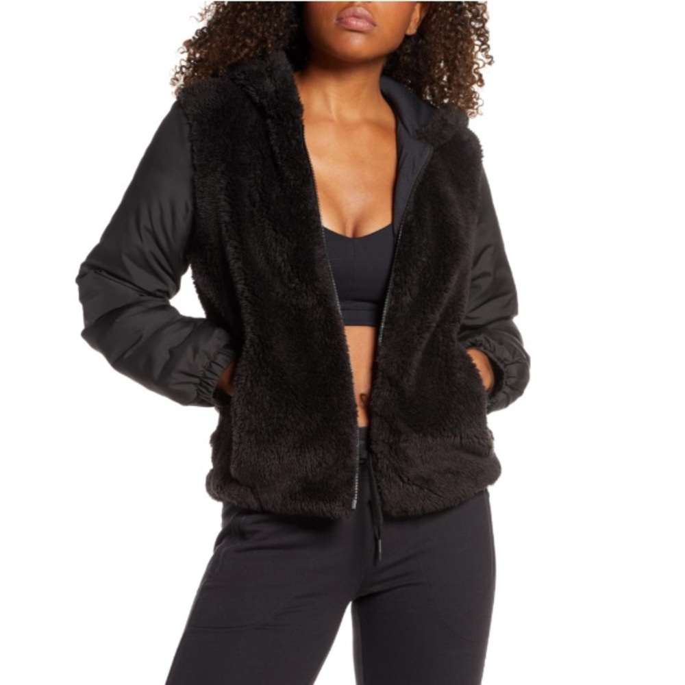Zella Black Faux Shearling Bomber Jacket Size XS